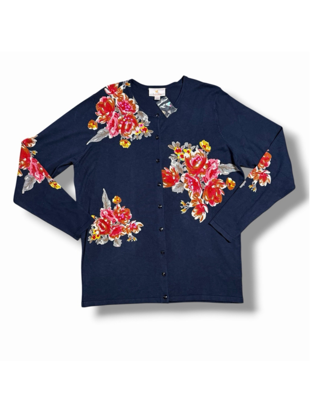 Quacker Factory Navy Blue Embellished Button Front Floral Cardigan Sweater LG
